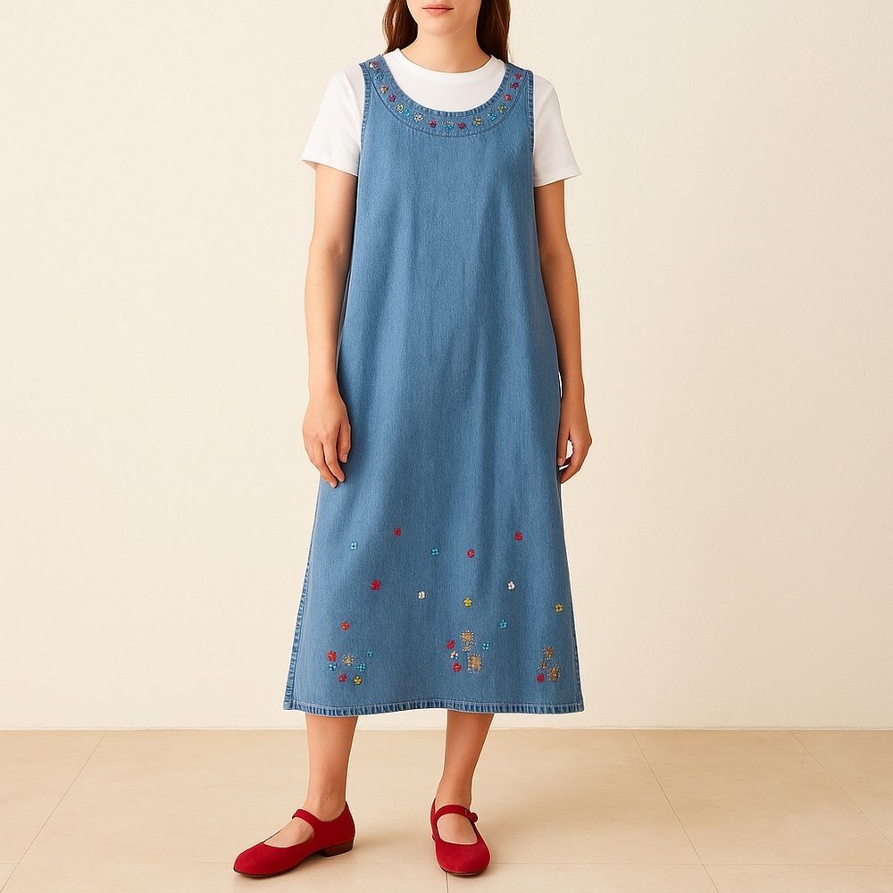 Agapo Collection Denim Dress Size 2X Blue Floral Embroidered Studded Boho Midi